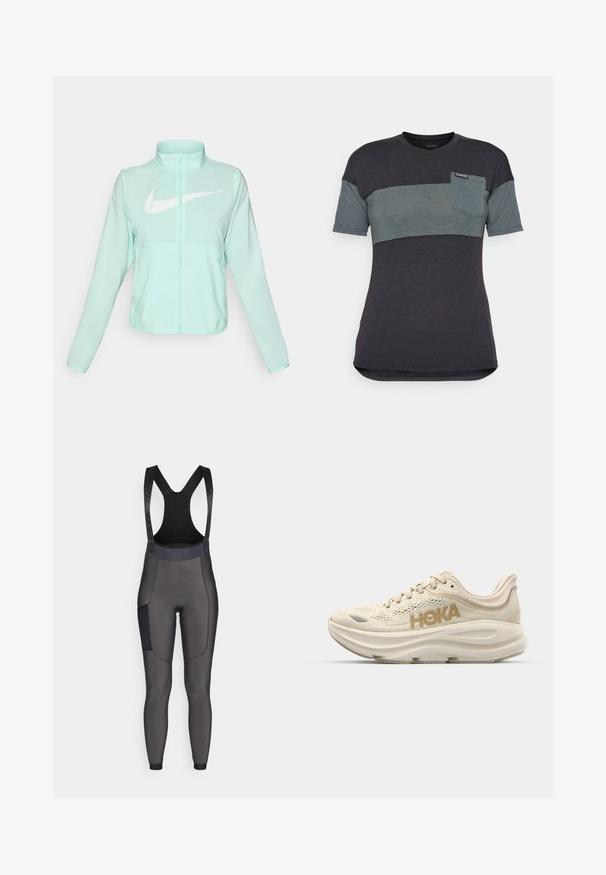 Minttu vihreä Nike-takki, jossa on korkea kaulus, täysi vetoketju, pitkät hihat ja suuri valkoinen swoosh-logo rinnassa. Kevyt kangas.; Lyhythihainen t-paita tummanharmaana ja turkoosina vaakasuoralla värilohkolla, jossa on rintatasku ja merkki kaula-aukon kohdalla.; Bib-style pyöräilyhousut tummanharmaana. Valmistettu joustavasta materiaalista, jossa on pehmustettu istuin, verkko hihnat ja sivutasku. Sileä pinta.; Vaalea beige juoksukenkä, jossa on verkkomainen päällinen, pehmustettu kaulus, näyttävä "HOKA" -logo kullassa sekä paksu, pehmeä pohja mukavuutta varten.