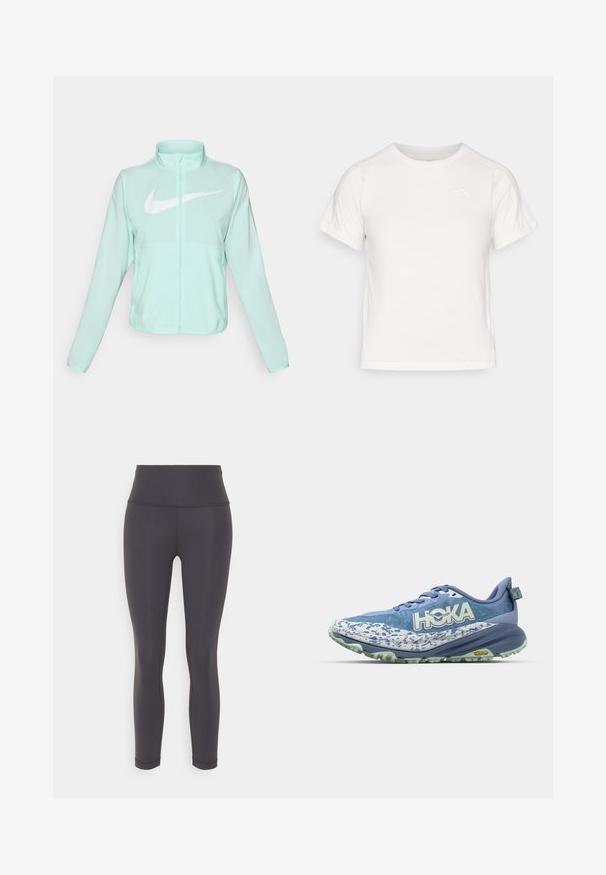 Mentazöld Nike dzseki magas gallérral, teljes cipzárral, hosszú ujjakra és egy kiemelkedő fehér swoosh logóra a mellkason. Könnyű szövet.; Könnyű fehér póló rövid ujjakkal, kerek nyakkal és egy apró logóval a bal felső sarkában. Simasága és enyhe fényessége van.; Fekete sportleggings, rugalmas anyagból készült, magas derekú, karcsú sziluettel és varrás nélküli dizájnnal, minták nélkül.; Könnyű futócipő kék árnyalatokban, texturált hálós felsőrésszel, merész HOKA logóval és strapabíró Vibram talppal a tapadásért.
