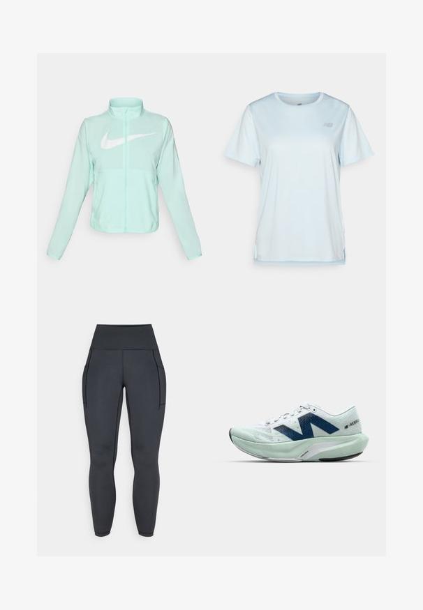 Mint zaļš Nike jaka ar augstu apkakli, pilnu rāvējslēdzēju, garām piedurknēm un izteiksmīgu balto swoosh logotipu uz krūtīm. Viegls audums.; New Balance Sporta krekli - frosted glass; Augsta jostas melni legingi, izgatavoti no elastīga, gluda auduma. Iezīmēti ar divām sānu kabatām un kontrastējošu šuvju apdari.; Viegls skriešanas apavs baltā un gaiši piparmētru krāsā ar zilu akcentu, ar teksturētu sietu augšdaļu un mīkstinātu zoli ar izteiktu papēdi.