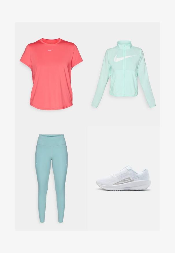 Casaco Nike verde menta com colarinho alto, fecho completo, mangas longas e um proeminente logótipo swoosh branco no peito. Tecido leve.; Nike Performance ONE CLASSIC TOP - T-shirt desportiva - aster pink/black; Leggings azul claro feitos de material elástico, com uma cintura alta, design sem costuras e mínimos detalhes brancos nas laterais.; Sapatilha atlética branca com parte superior em rede, bico arredondado e sola texturizada. Apresenta o símbolo Nike em prata e um design minimalista.