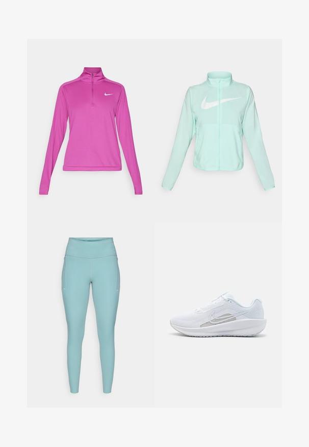 Jaka mint zelene Nike boje s visokim ovratnikom, punim patentnim zatvaračem, dugim rukavima i istaknutim bijelim Swoosh logom na prsima. Lagani materijal.; Nike Performance DRI-FIT PACER - Top dugih rukava - hot fuchsia; Svijetloplave tajice izrađene od rastezljivog materijala, s visokim pojasom, bezšavnim dizajnom i minimalnim bijelim detaljima sa strane.; Bijela atletska cipela s mrežastom gornjom površinom, zaobljenim nožnim prstom i teksturiranim potplatom. Sadrži srebrni Nike swoosh i minimalistički dizajn.
