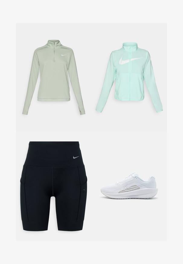 Mint green Nike jacket with a high collar, full zipper, long sleeves, and a prominent white swoosh logo on the chest. Lightweight fabric.; Nike Performance DRI-FIT PACER - Long sleeved top - jade horizon; Black high-waisted athletic shorts made of stretchy material; features side pockets and a small Nike logo on the waistband.; White athletic shoe with mesh upper, rounded toe, and textured sole. Features a silver Nike swoosh and minimalistic design.