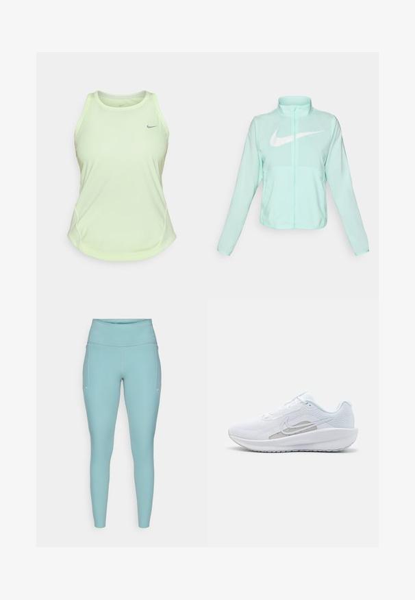 Μιντ πράσινη ζακέτα Nike με ψηλό γιακά, πλήρη φερμουάρ, μακριά μανίκια και εξέχον λευκό σήμα swoosh στο στήθος. Ελαφρύ ύφασμα.; Ανοιχτό πράσινο αθλητικό μπλουζάκι χωρίς μανίκια, κατασκευασμένο από αναπνεύσιμο ύφασμα, με στρογγυλή λαιμόκοψη, φαρδιές τιράντες και μικρό γκρι λογότυπο στο στήθος.; Πλάγίες μπλε κολάν από ελαστικό υλικό, με ψηλό μέσο, χωρίς ραφές και ελάχιστες λευκές λεπτομέρειες στις πλευρές.; Λευκό αθλητικό παπούτσι με πλέγμα επάνω, στρογγυλή μύτη και υφασμάτινη σόλα. Διαθέτει ασημένιο σήμα της Nike και μινιμαλιστικό σχεδιασμό.