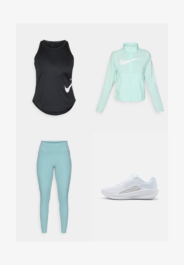 Mätovozelená Nike bunda s vysokým golierom, plným zipsom, dlhými rukávmi a výrazným bielym logom swoosh na hrudi. Ľahký materiál.; Čierna atletická športová košieľka vyrobená z hladkej tkaniny, s zakriveným lemom a výrazným bielym logom Nike na ľavej strane.; Svetlomodré legíny vyrobené z elastického materiálu, s vysokým pásom, bezšvovým dizajnom a minimálnymi bielymi akcentmi po stranách.; Biele atletické topánky s priedušným zvrškom, okrúhlym prstom a štruktúrovanou podrážkou. Obsahuje strieborný Nike swoosh a minimalistický dizajn.