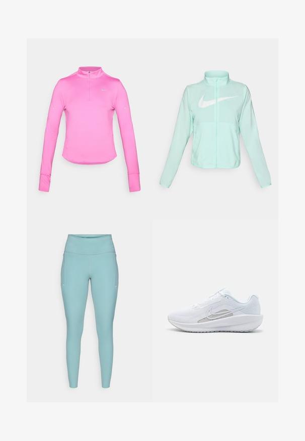 Mintgrøn Nike-jakke med høj krave, fuld lynlås, lange ærmer og et fremtrædende hvidt swoosh-logo på brystet. Letvægtsstof.; Langærmet pink træningsbluse med halv-zip krave, tætsiddende pasform, rund kant og reflekterende Nike-logo på øverste venstre side. Blødt, strækbart materiale.; Lyseblå leggings lavet af strækbart materiale, med en høj talje, sømløst design og minimale hvide detaljer på siderne.; Hvid træningssko med mesh-overdel, rund tå og tekstureret sål. Har et sølvfarvet Nike-swoosh og et minimalistisk design.