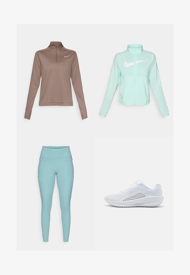 Jaka mint zelene Nike boje s visokim ovratnikom, punim patentnim zatvaračem, dugim rukavima i istaknutim bijelim Swoosh logom na prsima. Lagani materijal.; Nike Performance DRI-FIT PACER - Top dugih rukava - mink brown/reflective silver; Svijetloplave tajice izrađene od rastezljivog materijala, s visokim pojasom, bezšavnim dizajnom i minimalnim bijelim detaljima sa strane.; Bijela atletska cipela s mrežastom gornjom površinom, zaobljenim nožnim prstom i teksturiranim potplatom. Sadrži srebrni Nike swoosh i minimalistički dizajn.