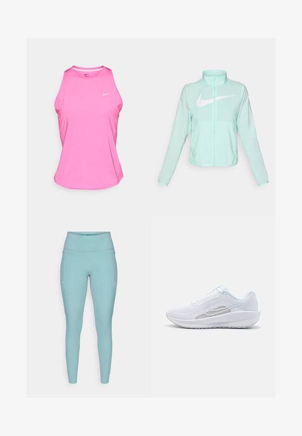 Mintgrøn Nike-jakke med høj krave, fuld lynlås, lange ærmer og et fremtrædende hvidt swoosh-logo på brystet. Letvægtsstof.; Lyserød atletisk tanktop lavet af syntetisk materiale, med rund halsudskæring, uden ærmer og et lille hvidt Nike-logo foran.; Lyseblå leggings lavet af strækbart materiale, med en høj talje, sømløst design og minimale hvide detaljer på siderne.; Hvid træningssko med mesh-overdel, rund tå og tekstureret sål. Har et sølvfarvet Nike-swoosh og et minimalistisk design.