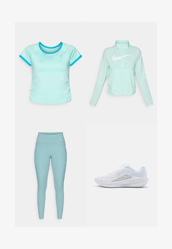 Mintgrön Nike-jacka med hög krage, full dragkedja, långa ärmar och en framträdande vit swoosh-logotyp på bröstet. Lätt tyg.; Ljusblå träningsskjorta med korta raglanärmar, rundad halsringning och kontrasterande turkosa detaljer. Har en samlad detalj på sidorna.; Ljusblå leggings gjorda av elastiskt material, med hög midja, sömlös design och minimala vita accenter på sidorna.; Vit sportskor med övre del av mesh, rund tå och texturerad sula. Har en silverfärgad Nike swoosh och en minimalistisk design.