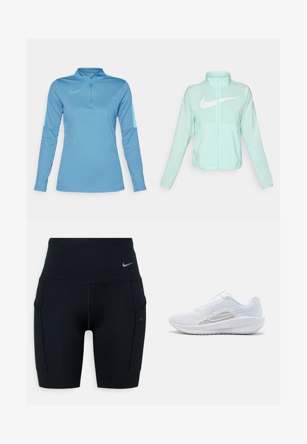 Mėtų žalios spalvos Nike striukė su aukštu apykakle, pilnu užtrauktuku, ilgomis rankovėmis ir ryškia balta swoosh logotipu krūtinėje. Lengvas audinys.; Nike Performance NIKE ACADEMY23 DRIL TOP BRANDED - Ilgarankovis viršutinės dalies drabužis - aegean storm/baltic blue; Juodos aukšto liemens sportinės šortai, pagaminti iš elastingos medžiagos; turi šonines kišenes ir mažą Nike logotipą ant juosmens.; Baldas sportinis batelis su tinkleliu viršuje, apvaliu toe ir tekstūruota padais. Pabrėžia sidabrinį Nike swoosh ir minimalistinį dizainą.