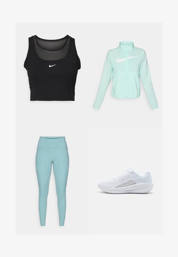 Chaqueta Nike de color verde menta con un alto cuello, cremallera completa, mangas largas y un prominente logo en forma de swoosh blanco en el pecho. Tejido ligero.; Top deportivo negro corto con escote redondo y paneles translúcidos. Presenta el logo de Nike en blanco en el centro y un diseño ajustado.; Leggings de color azul claro, hechos de material elástico, con una cintura alta, diseño sin costuras y acentos blancos mínimos a los lados.; Zapatilla deportiva blanca con parte superior de malla, punta redondeada y suela texturizada. Presenta un swoosh de Nike plateado y un diseño minimalista.