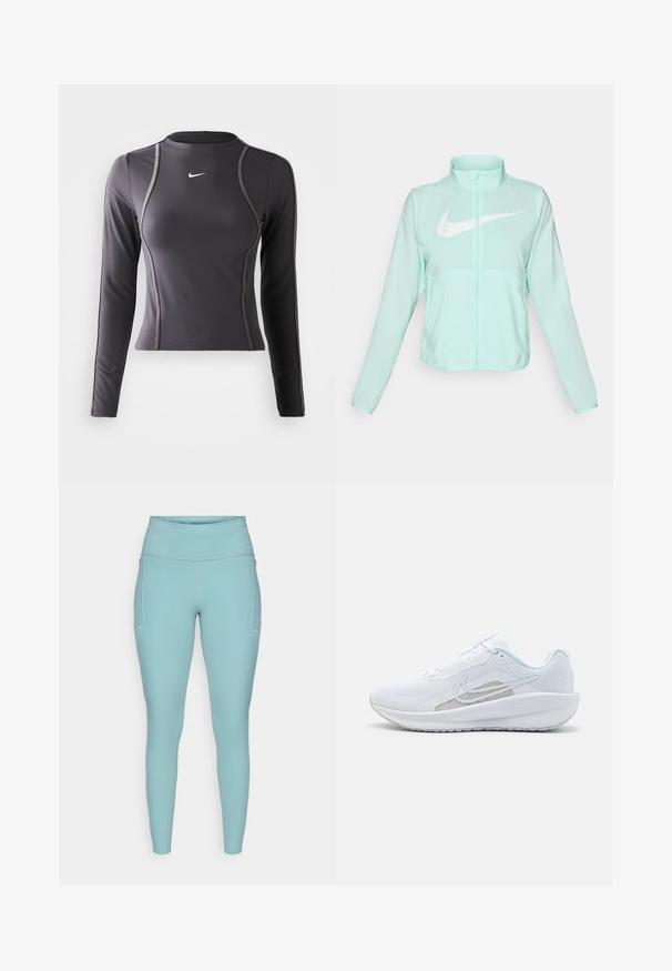 Giacca Nike verde menta con colletto alto, zipper completa, maniche lunghe e un grande logo swoosh bianco sul petto. Tessuto leggero.; Maglia sportiva a maniche lunghe grigia scura, realizzata in tessuto elastico, con scollo rotondo e cuciture a contrasto. Logo Nike sul petto.; Leggings azzurri chiari realizzati in materiale elasticizzato, caratterizzati da un'alta vita, design senza cuciture e minimi accenti bianchi sui lati.; Scarpa sportiva bianca con tomaia in rete, punta arrotondata e suola testurizzata. Presenta il logo Nike in argento e un design minimalista.