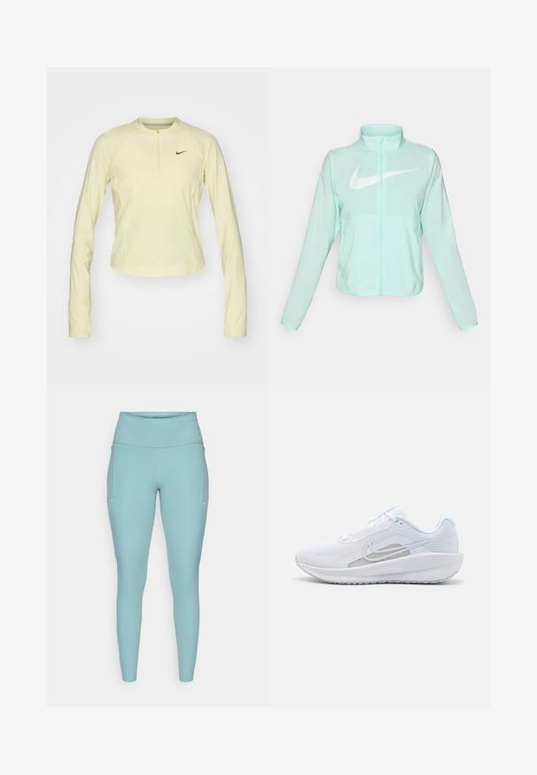 Mintgrüner Nike-Jacke mit hohem Kragen, durchgehendem Reißverschluss, langen Ärmeln und einem auffälligen weißen Swoosh-Logo auf der Brust. Leichtes Material.; Nike Performance RUN - Langarmshirt - life lime; Helle blaue Leggings aus dehnbarem Material, mit hohem Bund, nahtlosem Design und minimalen weißen Akzenten an den Seiten.; Weißer Sport Schuh mit Mesh-Obermaterial, abgerundeter Zehenpartie und strukturiertem Sohlenprofil. Mit einem silbernen Nike Swoosh und minimalistischem Design.