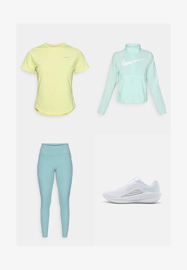 Jaka mint zelene Nike boje s visokim ovratnikom, punim patentnim zatvaračem, dugim rukavima i istaknutim bijelim Swoosh logom na prsima. Lagani materijal.; Žuta kratkotrajna atletska majica izrađena od tkanine koja uklanja vlagu. Ima zaobljeni izrez i mali sivi Nike logo na prsima.; Svijetloplave tajice izrađene od rastezljivog materijala, s visokim pojasom, bezšavnim dizajnom i minimalnim bijelim detaljima sa strane.; Bijela atletska cipela s mrežastom gornjom površinom, zaobljenim nožnim prstom i teksturiranim potplatom. Sadrži srebrni Nike swoosh i minimalistički dizajn.