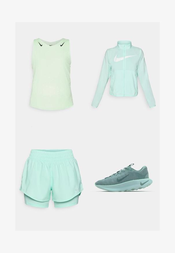 Mintgroene Nike-jas met een hoge kraag, volledige rits, lange mouwen en een opvallend wit swoosh-logo op de borst. Lichtgewicht stof.; Lichtgroene sportieve tanktop van ademend materiaal, met een ronde halslijn, mouwloos ontwerp en geperforeerde patronen voor ventilatie.; Muntgroene sportshorts met een elastische tailleband, gelaagd ontwerp en binnenvoering, met een kleine grijze Nike-logo aan de zijkant.; Lichtgroene sportschoen met een gestructureerde brei bovenkant, afgeronde zool en een opvallend swoosh-logo in een donkerder groen aan de zijkant.