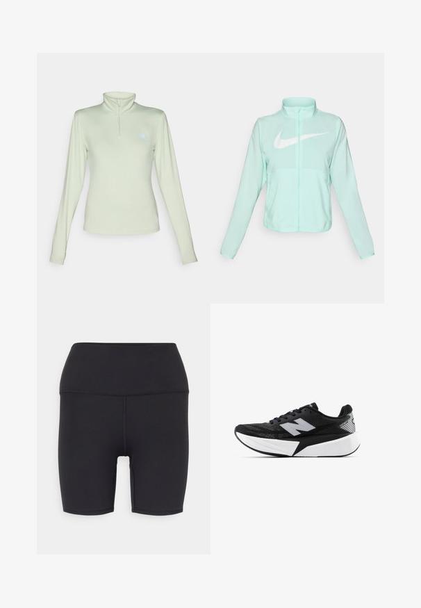 Mätovozelená Nike bunda s vysokým golierom, plným zipsom, dlhými rukávmi a výrazným bielym logom swoosh na hrudi. Ľahký materiál.; New Balance SPORT ESSENTIALS SPACE DYE QUARTER ZIP - Top s dlhým rukávom - garter snake; Čierne atletické šortky vyrobené z elastického materiálu, so širokým pásom, hladkou textúrou a bez viditeľných vzorov alebo kovania.; Čierno-biele bežecké topánky New Balance s hrubou podrážkou, sieťovinovým zvrškom a logom "N" na boku, zobrazené z vonkajšej strany.