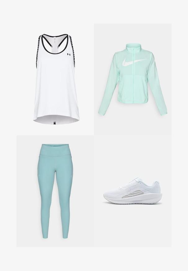 Mint green Nike jacket with a high collar, full zipper, long sleeves, and a prominent white swoosh logo on the chest. Lightweight fabric.; White athletic tank top with black accents, featuring a racerback design and branded straps, made from moisture-wicking fabric.; Light blue leggings made of stretchable material, featuring a high waistband, seamless design, and minimal white accents on the sides.; White athletic shoe with mesh upper, rounded toe, and textured sole. Features a silver Nike swoosh and minimalistic design.