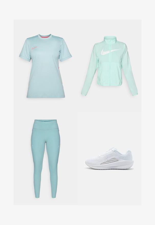 Mėtų žalios spalvos Nike striukė su aukštu apykakle, pilnu užtrauktuku, ilgomis rankovėmis ir ryškia balta swoosh logotipu krūtinėje. Lengvas audinys.; Šviesiai mėlyna sportinė marškinė su trumpomis rankovėmis, apvaliu kaklu ir rožiniu Nike logotipu ant krūtinės. Lygus, drėgmę sugeriantis audinys.; Šviesiai mėlynos legging'ų kelnės, pagamintos iš elastingos medžiagos, su aukšta juosmens juosta, be siūlių dizainu ir minimaliais baltais akcentais šonuose.; Baldas sportinis batelis su tinkleliu viršuje, apvaliu toe ir tekstūruota padais. Pabrėžia sidabrinį Nike swoosh ir minimalistinį dizainą.
