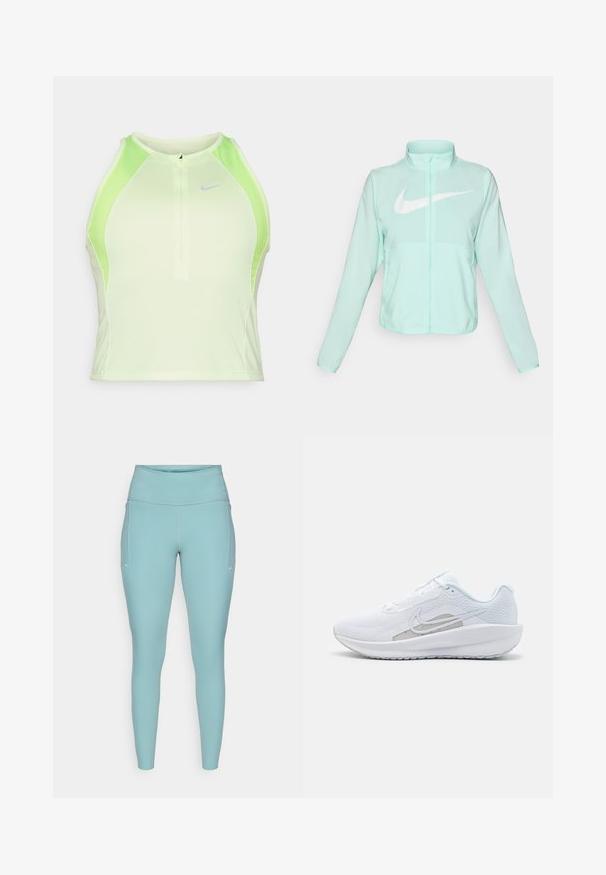Mintgrön Nike-jacka med hög krage, full dragkedja, långa ärmar och en framträdande vit swoosh-logotyp på bröstet. Lätt tyg.; Tajt kroppsnära ärmlös topp i ljusgrön med ventilerande meshpaneler. Har en framzipper och subtil Nike-logga. Slät yta.; Ljusblå leggings gjorda av elastiskt material, med hög midja, sömlös design och minimala vita accenter på sidorna.; Vit sportskor med övre del av mesh, rund tå och texturerad sula. Har en silverfärgad Nike swoosh och en minimalistisk design.