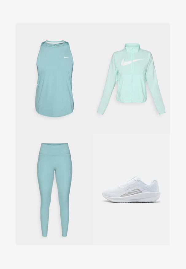 Jaka mint zelene barve Nike z visokim ovratnikom, polnim zadrgo, dolgimi rokavi in izrazitim belim logotipom swoosh na prsih. Lahka tkanina.; Svetlo modra brezrokavnik športna majica iz gladkega sintetičnega materiala. Ima okroglo ovratnico in majhen bel logotip spredaj.; Svetlo modre leginge iz raztegljivega materiala, ki imajo visok pas, brezšivno zasnovo in minimalne bele poudarke na straneh.; Bela športna čevlja z mrežastim zgornjim delom, zaobljenim nosom in teksturiranim podplatom. Ima srebrni Nike znak in minimalističen dizajn.
