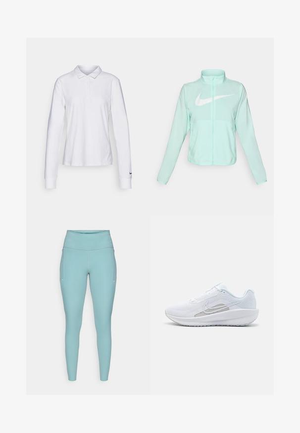 Mündroheline Nike jakk kõrge krae, täispikk tõmblukuga, pikkade varrukatega ja silmapaistva valge swoosh-logo kaeluse peal. Kerge kangas.; Valge pika varrukaga polo särk, millel on krae, nööbid ja must Nike Swoosh logo vasakul varrukal. Sile puuvillane kangas.; Heledad hallikas sininelegging, valmistatud venivast materjalist, millel on kõrge vöökoht, õmblusteta disain ja minimaalsed valged aktsendid külgedel.; Valge sportlik king, millel on võrgusilmast ülemine osa, ümar varvas ja tekstureeritud tallad. Omab hõbedast Nike logo ja minimalistikku disaini.
