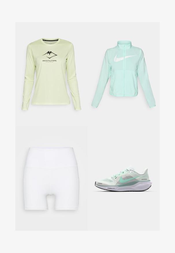 Mintgrüner Nike-Jacke mit hohem Kragen, durchgehendem Reißverschluss, langen Ärmeln und einem auffälligen weißen Swoosh-Logo auf der Brust. Leichtes Material.; Hellgrünes langärmeliges Sportshirt aus feuchtigkeitsableitendem Stoff. Verfügt über ein schwarzes ASICS-Logo und eine kleine Berggrafik auf der Vorderseite.; Weiße, hochtaillierte Shorts aus dehnbarem Stoff. Sie verfügen über eine glatte Textur und eine figurbetonte Passform, ohne zusätzliche Muster oder Hardware.; Leichter Laufschuh mit atmungsaktivem Mesh-Obermaterial in Weiß und Mintgrün. Ausgestattet mit TPU-Akzenten, einer gepolsterten Sohle und einer strukturierten Außensohle.