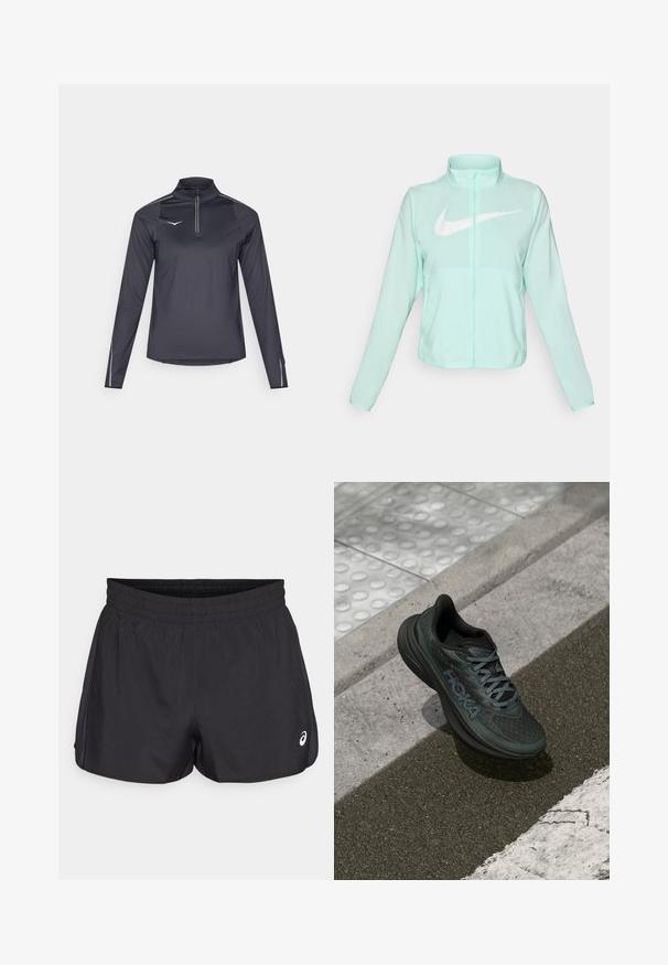 Mentazöld Nike dzseki magas gallérral, teljes cipzárral, hosszú ujjakra és egy kiemelkedő fehér swoosh logóra a mellkason. Könnyű szövet.; Hosszú ujjú, zip-záras sportpóló sötétszürke szövetből, texturált felülettel. Reflektáló részletek a vállakon és a mandzsettákon a láthatóság érdekében.; Fekete sportos rövidnadrág, elasztikus derékkal, sima textúrával, ívelt szegéllyel és oldalsó hálós díszítésekkel. Elöl egy kis logó található.; Fekete futócipő hálós felsőrésszel, texturált részletekkel és logóval, párnázott talppal és szürke fűzőkkel, betonalapra helyezve.