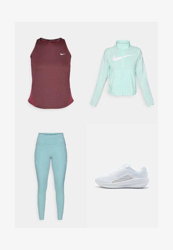 Mätovozelená Nike bunda s vysokým golierom, plným zipsom, dlhými rukávmi a výrazným bielym logom swoosh na hrudi. Ľahký materiál.; Burgundská tielko s okrúhlym výstrihom, bez rukávov, priedušnými bočnými sieťovinami a malým bielym logom Nike na prednej strane.; Svetlomodré legíny vyrobené z elastického materiálu, s vysokým pásom, bezšvovým dizajnom a minimálnymi bielymi akcentmi po stranách.; Biele atletické topánky s priedušným zvrškom, okrúhlym prstom a štruktúrovanou podrážkou. Obsahuje strieborný Nike swoosh a minimalistický dizajn.
