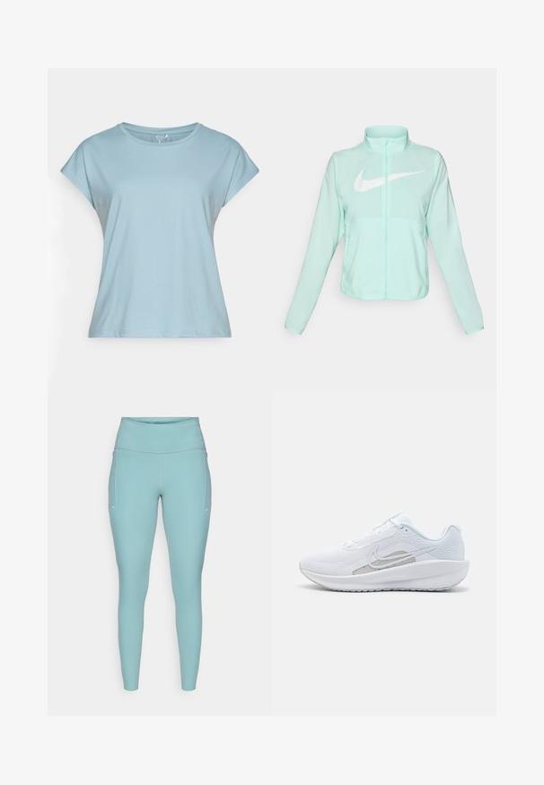 Mätovozelená Nike bunda s vysokým golierom, plným zipsom, dlhými rukávmi a výrazným bielym logom swoosh na hrudi. Ľahký materiál.; Svetlo modré tričko s krátkym rukávom vyrobené z mäkkej látky. Má okrúhly výstrih, voľný strih a prešité okraje. Bez vzorov alebo ozdôb.; Svetlomodré legíny vyrobené z elastického materiálu, s vysokým pásom, bezšvovým dizajnom a minimálnymi bielymi akcentmi po stranách.; Biele atletické topánky s priedušným zvrškom, okrúhlym prstom a štruktúrovanou podrážkou. Obsahuje strieborný Nike swoosh a minimalistický dizajn.