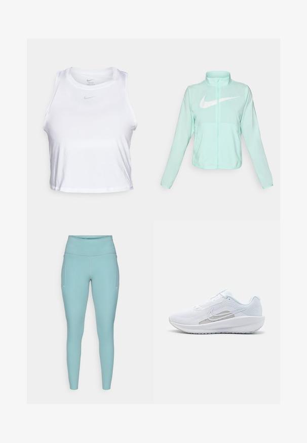 Mintgrønn Nike-jakke med høy krage, full glidelås, lange ermer og en fremtredende hvit swoosh-logo på brystet. Lettvektsmateriale.; Hvit ermeløs crop top laget av glatt Dri-FIT-stoff. Har en liten grå Nike-logo på brystet og rund halslinning.; Lyseblå treningstights laget av elastisk materiale, med høy midje, sømløst design og minimale hvite detaljer på sidene.; Hvit sportssko med mesh-overdel, rund tå og teksturert såle. Har en sølvfarget Nike swoosh og et minimalistisk design.