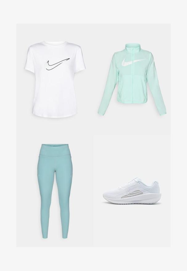 Mintgrønn Nike-jakke med høy krage, full glidelås, lange ermer og en fremtredende hvit swoosh-logo på brystet. Lettvektsmateriale.; Hvit bomull T-skjorte med svart Nike swoosh-logo på forsiden. Korte ermer og rund hals. Glatt tekstur og vanlig passform.; Lyseblå treningstights laget av elastisk materiale, med høy midje, sømløst design og minimale hvite detaljer på sidene.; Hvit sportssko med mesh-overdel, rund tå og teksturert såle. Har en sølvfarget Nike swoosh og et minimalistisk design.