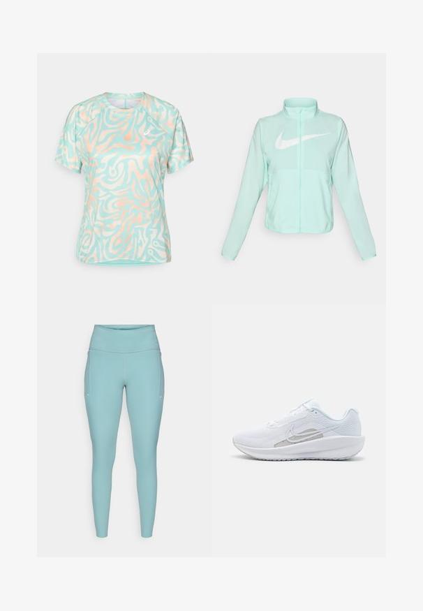 Chaqueta Nike de color verde menta con un alto cuello, cremallera completa, mangas largas y un prominente logo en forma de swoosh blanco en el pecho. Tejido ligero.; Camiseta deportiva de manga corta en verde menta con patrones abstractos en coral. Tejido suave y elástico con cuello redondo y un detalle sutil del logo.; Leggings de color azul claro, hechos de material elástico, con una cintura alta, diseño sin costuras y acentos blancos mínimos a los lados.; Zapatilla deportiva blanca con parte superior de malla, punta redondeada y suela texturizada. Presenta un swoosh de Nike plateado y un diseño minimalista.