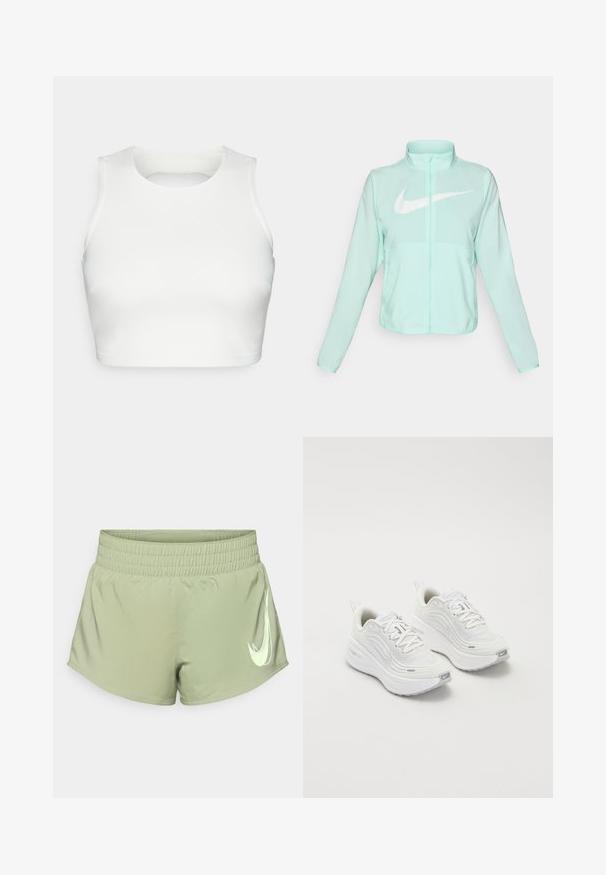 Giacca Nike verde menta con colletto alto, zipper completa, maniche lunghe e un grande logo swoosh bianco sul petto. Tessuto leggero.; Top corto bianco senza maniche realizzato in tessuto morbido, caratterizzato da un colletto rotondo e un design con schienale scoperto, con cuciture eleganti lungo i bordi.; Pantaloni sportivi verde chiaro con cintura elastica, caratterizzati da un grande logo Nike swoosh bianco sul lato inferiore destro.; Scarpe da ginnastica bianche con tomaia in rete testurizzata, suola ammortizzata e sottili dettagli grigi. Comprendono il branding e una linguetta sul tallone per una facile calzata.