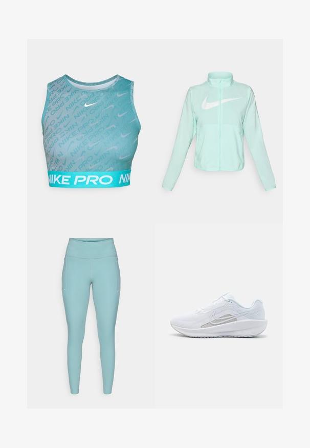 Mint zaļš Nike jaka ar augstu apkakli, pilnu rāvējslēdzēju, garām piedurknēm un izteiksmīgu balto swoosh logotipu uz krūtīm. Viegls audums.; Nike Pro sporta krūšturis teal krāsā ar ribotu tekstūru, abstraktu rakstu un kontrastējošu gaiši zilas krāsas jostu ar baltu zīmola nosaukumu.; Gaiši zili legingi, izgatavoti no elastīga materiāla, ar augstu jostasvietu, bezšuvju dizainu un minimālajiem baltajiem akcentiem sānos.; Baltas sporta apdedzinājums ar sietu augšdaļu, noapaļotu purngalu un teksturētu zoli. Tam ir sudraba Nike zvīņa un minimālisma dizains.