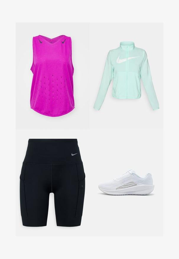 Giacca Nike verde menta con colletto alto, zipper completa, maniche lunghe e un grande logo swoosh bianco sul petto. Tessuto leggero.; Nike Performance AEROSWIFT SINGLET - Top - hot fuchsia/black; Shorts sportivi neri a vita alta realizzati in materiale elasticizzato; presentano tasche laterali e un piccolo logo Nike sulla vita.; Scarpa sportiva bianca con tomaia in rete, punta arrotondata e suola testurizzata. Presenta il logo Nike in argento e un design minimalista.