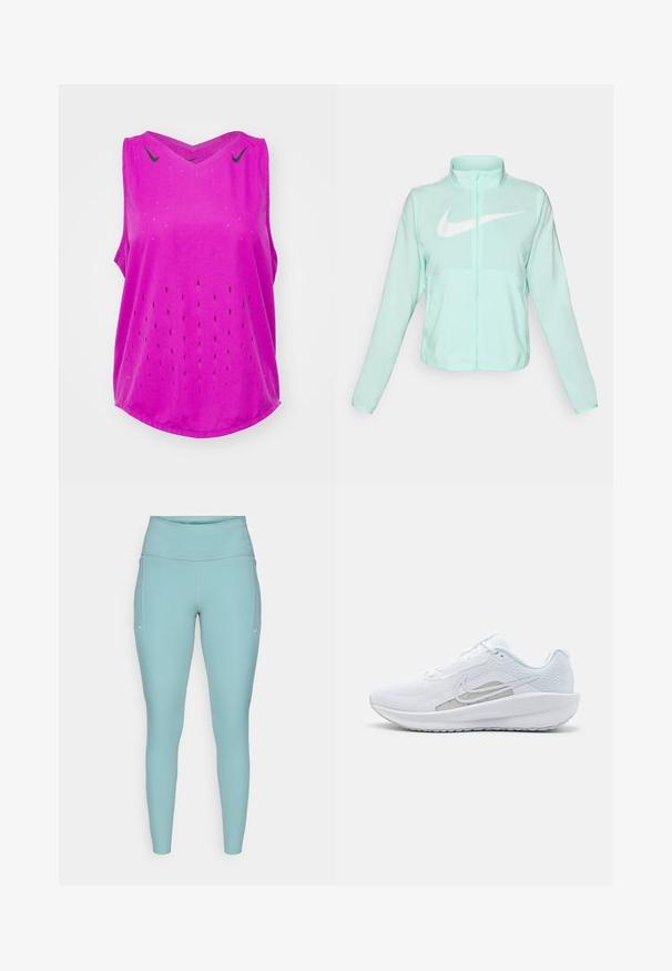 Jachetă Nike verde mentă cu un guler înalt, fermoar complet, mâneci lungi și un logo alb proeminent în formă de swoosh pe piept. Material ușor.; Nike Performance AEROSWIFT SINGLET - Top - hot fuchsia/black; Leggings de culoare albastru deschis, realizate dintr-un material elastic, având o talie înaltă, un design fără cusături și accente albe minime pe lateral.; Pantof de atletism alb cu plasă superioară, vârf rotunjit și talpă texturată. Prezentă un logo Nike argintiu și un design minimalist.