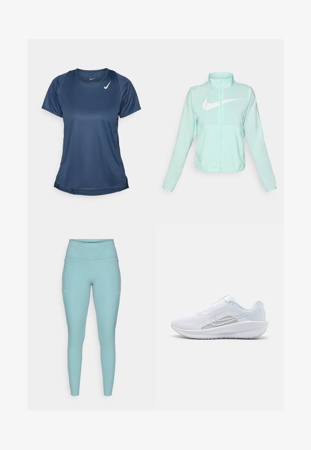Mündroheline Nike jakk kõrge krae, täispikk tõmblukuga, pikkade varrukatega ja silmapaistva valge swoosh-logo kaeluse peal. Kerge kangas.; Nike Performance FAST TOP - Spordi T-särk - armory navy/reflective silver; Heledad hallikas sininelegging, valmistatud venivast materjalist, millel on kõrge vöökoht, õmblusteta disain ja minimaalsed valged aktsendid külgedel.; Valge sportlik king, millel on võrgusilmast ülemine osa, ümar varvas ja tekstureeritud tallad. Omab hõbedast Nike logo ja minimalistikku disaini.