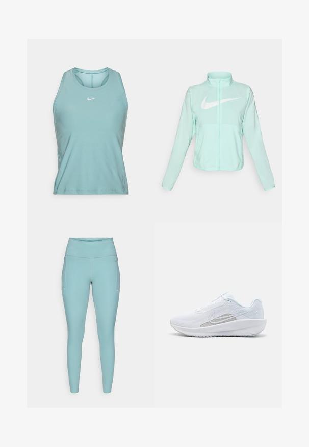 Mintgroene Nike-jas met een hoge kraag, volledige rits, lange mouwen en een opvallend wit swoosh-logo op de borst. Lichtgewicht stof.; Lichtgroene sport tanktop met een ronde halslijn. Heeft een klein wit logo op de borst en zijnaad voor een gestroomlijnde pasvorm.; Lichtblauwe leggings gemaakt van rekbaar materiaal, met een hoge tailleband, een naadloos ontwerp en minimale witte accenten aan de zijkanten.; Witte sportieve schoen met een bovenwerk van mesh, ronde neus en een textuurzool. Beschikt over een zilveren Nike swoosh en een minimalistisch ontwerp.