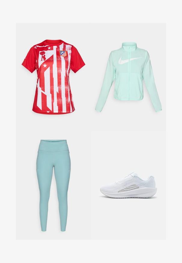 Mätovozelená Nike bunda s vysokým golierom, plným zipsom, dlhými rukávmi a výrazným bielym logom swoosh na hrudi. Ľahký materiál.; Červené tričko s krátkym rukávom s bielym pruhovaným dizajnom a hviezdami, s klubovým emblémom na ľavej hrudi, vyrobené z ľahkého materiálu.; Svetlomodré legíny vyrobené z elastického materiálu, s vysokým pásom, bezšvovým dizajnom a minimálnymi bielymi akcentmi po stranách.; Biele atletické topánky s priedušným zvrškom, okrúhlym prstom a štruktúrovanou podrážkou. Obsahuje strieborný Nike swoosh a minimalistický dizajn.