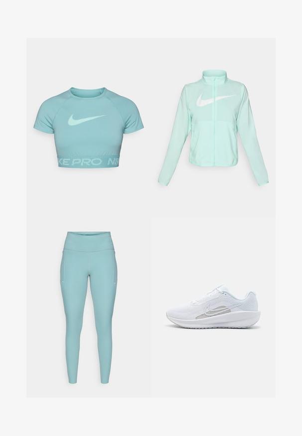 Miętowo-zielona kurtka Nike z wysokim kołnierzem, pełnym zamkiem błyskawicznym, długimi rękawami i wyraźnym białym logo swoosh na piersi. Lekki materiał.; Jasnoniebieska, krótka koszulka sportowa wykonana z gładkiego materiału, z okrągłym dekoltem, krótkimi rękawami i tonowym logo Nike z przodu.; Jasnoniebieskie legginsy wykonane z elastycznego materiału, z wysokim pasem, bezszwowym wzornictwem i minimalnymi białymi akcentami po bokach.; Białe sportowe buty z siateczkową cholewką, zaokrąglonym noskiem i teksturowaną podeszwą. Posiadają srebrny logo Nike i minimalistyczny design.