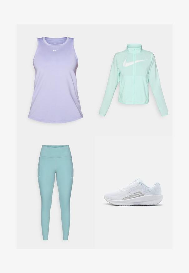 Mint green Nike jacket with a high collar, full zipper, long sleeves, and a prominent white swoosh logo on the chest. Lightweight fabric.; Light purple Nike tank top with a crew neckline, sleeveless design, and small white logo on the upper chest. Smooth, moisture-wicking fabric.; Light blue leggings made of stretchable material, featuring a high waistband, seamless design, and minimal white accents on the sides.; White athletic shoe with mesh upper, rounded toe, and textured sole. Features a silver Nike swoosh and minimalistic design.