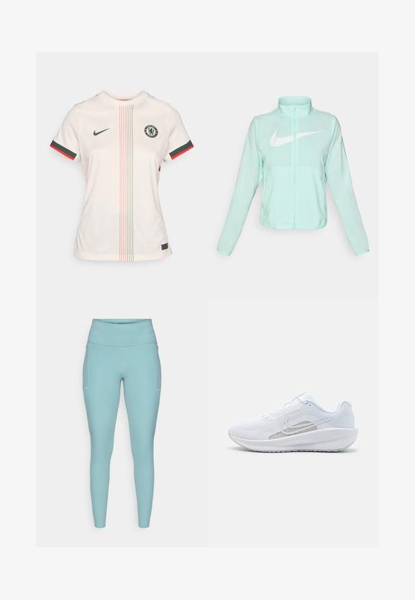 Mintgroene Nike-jas met een hoge kraag, volledige rits, lange mouwen en een opvallend wit swoosh-logo op de borst. Lichtgewicht stof.; Lichtrom kleien voetbalshirt met een ronde hals, korte mouwen, het Chelsea FC-logo, groene en rode accentstrepen en verticale patronen.; Lichtblauwe leggings gemaakt van rekbaar materiaal, met een hoge tailleband, een naadloos ontwerp en minimale witte accenten aan de zijkanten.; Witte sportieve schoen met een bovenwerk van mesh, ronde neus en een textuurzool. Beschikt over een zilveren Nike swoosh en een minimalistisch ontwerp.