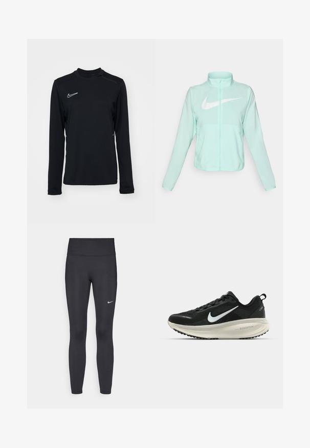 Mint green Nike jacket with a high collar, full zipper, long sleeves, and a prominent white swoosh logo on the chest. Lightweight fabric.; Black long-sleeve athletic shirt made of smooth fabric, featuring a round neckline and a small white Nike logo on the upper left side.; Black leggings made of stretchy fabric, featuring a high waistband and a white Nike logo on the left thigh. Smooth texture, form-fitting design.; Black Nike running shoe with breathable mesh upper, white swoosh logo, textured detailing, and a cream-colored ZoomX midsole.