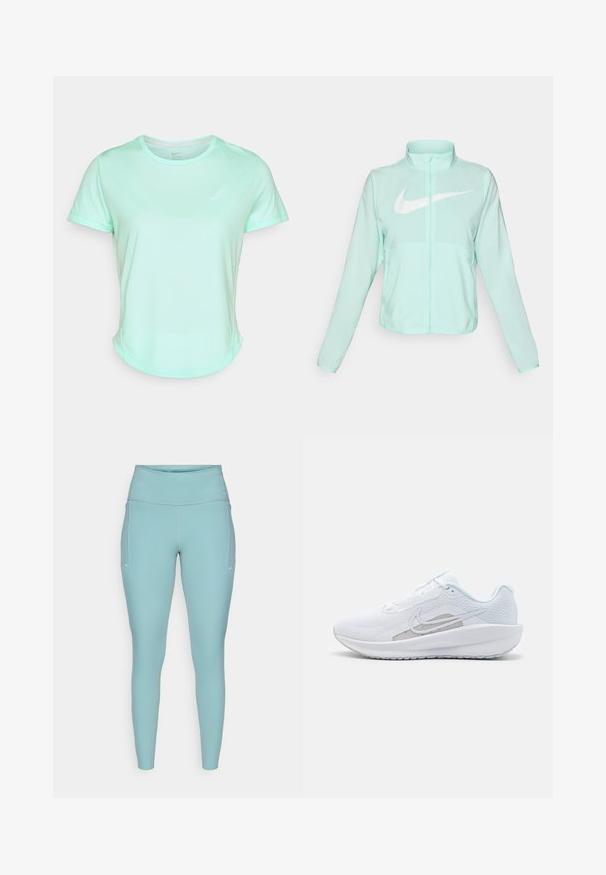 Mentazöld Nike dzseki magas gallérral, teljes cipzárral, hosszú ujjakra és egy kiemelkedő fehér swoosh logóra a mellkason. Könnyű szövet.; Világos menta zöld, rövid ujjú póló, puha, nedvességelvezető anyagból. Diszkrét fehér Nike logóval a mellrészen, és lekerekített szabással.; Világoskék leggings rugalmas anyagból, magas derékkal, varrás nélküli kivitelben, minimális fehér díszítéssel az oldalán.; Fehér sportcipő hálós felsőrésze, kerek orra és textúrált talpa van. Ezüst Nike logóval és minimalista dizájnnal rendelkezik.