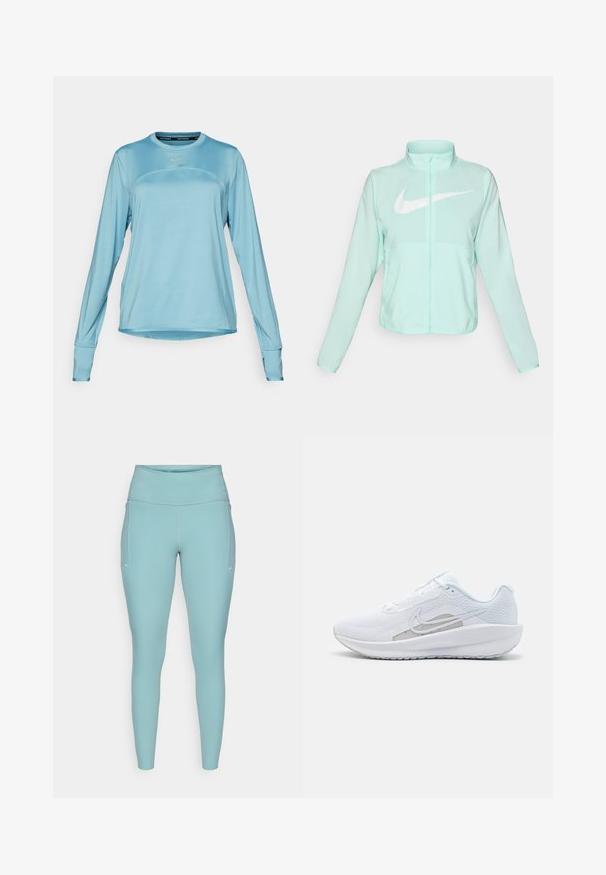 Mint green Nike jacket with a high collar, full zipper, long sleeves, and a prominent white swoosh logo on the chest. Lightweight fabric.; Nike Performance SWIFT TOP - Long sleeved top - denim turquoise/silver; Light blue leggings made of stretchable material, featuring a high waistband, seamless design, and minimal white accents on the sides.; White athletic shoe with mesh upper, rounded toe, and textured sole. Features a silver Nike swoosh and minimalistic design.