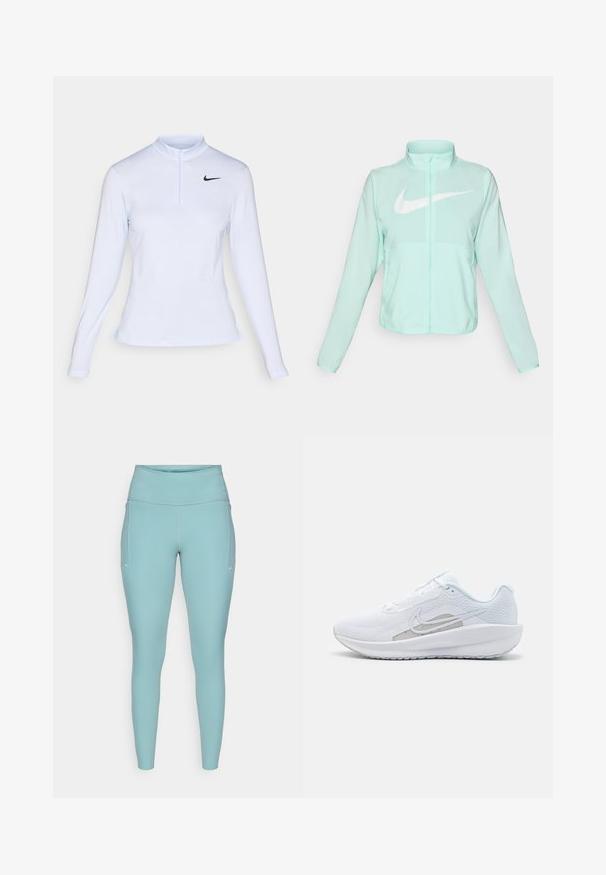 Mintgrønn Nike-jakke med høy krage, full glidelås, lange ermer og en fremtredende hvit swoosh-logo på brystet. Lettvektsmateriale.; Lyseblå langermet treningsgenser med halv glidelås i kragen, med ribbet tekstur og en svart Nike-logo på øvre venstre side.; Lyseblå treningstights laget av elastisk materiale, med høy midje, sømløst design og minimale hvite detaljer på sidene.; Hvit sportssko med mesh-overdel, rund tå og teksturert såle. Har en sølvfarget Nike swoosh og et minimalistisk design.