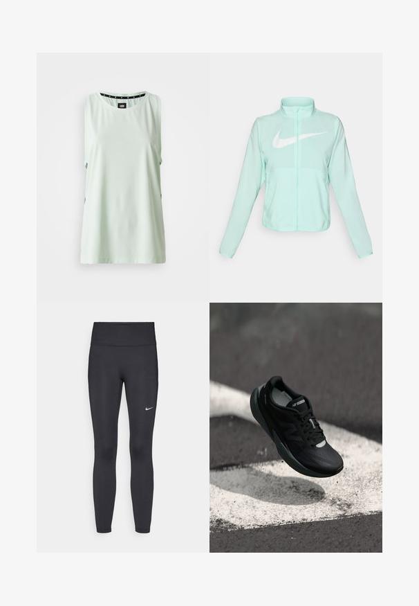 Casaco Nike verde menta com colarinho alto, fecho completo, mangas longas e um proeminente logótipo swoosh branco no peito. Tecido leve.; Top sem mangas verde menta com decote redondo, textura suave e recortes laterais; possui um tecido preto com bolinhas no pescoço.; Leggings pretos feitos de tecido elástico, com uma cintura alta e um logo branco da Nike na coxa esquerda. Textura suave, design ajustado ao corpo.; Sapatilha de corrida preta com um cabedal texturizado, design elegante e detalhes reflexivos. Apresenta uma sola macia e acolchoada para maior conforto.