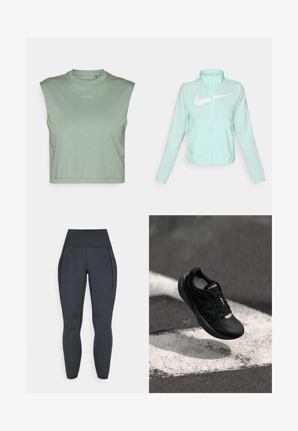 Casaco Nike verde menta com colarinho alto, fecho completo, mangas longas e um proeminente logótipo swoosh branco no peito. Tecido leve.; Top cropped sem mangas verde claro feito de tecido macio, com decote redondo e um pequeno logótipo "BORG" impresso na frente.; Leggings pretos de cintura alta feitos de um tecido elástico e suave. Com duas bolsos laterais e costura em contraste ao longo das costuras.; Sapatilha de corrida preta com um cabedal texturizado, design elegante e detalhes reflexivos. Apresenta uma sola macia e acolchoada para maior conforto.