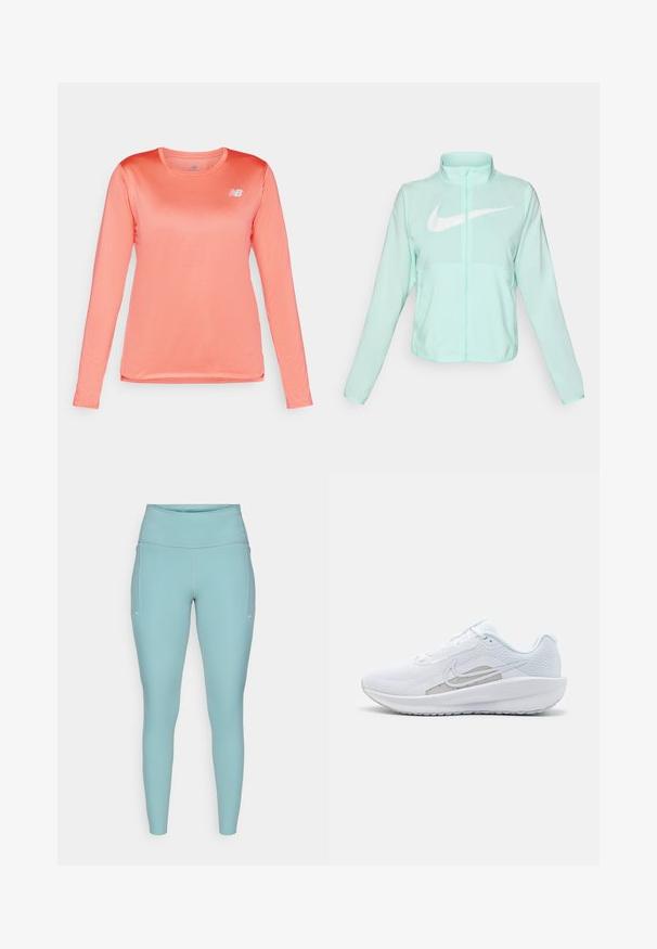 Mentazöld Nike dzseki magas gallérral, teljes cipzárral, hosszú ujjakra és egy kiemelkedő fehér swoosh logóra a mellkason. Könnyű szövet.; Hosszú ujjú sportpóló élénk korall színben, texturált anyagból, kerek nyakkal és kis fehér logóval a bal mellen.; Világoskék leggings rugalmas anyagból, magas derékkal, varrás nélküli kivitelben, minimális fehér díszítéssel az oldalán.; Fehér sportcipő hálós felsőrésze, kerek orra és textúrált talpa van. Ezüst Nike logóval és minimalista dizájnnal rendelkezik.