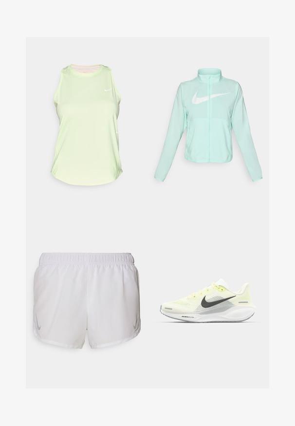 Miętowo-zielona kurtka Nike z wysokim kołnierzem, pełnym zamkiem błyskawicznym, długimi rękawami i wyraźnym białym logo swoosh na piersi. Lekki materiał.; Jasnozielony bezrękawnik sportowy wykonany z gładkiego materiału, z okrągłym dekoltem i małym białym logo na klatce piersiowej.; Nike Performance - Krótkie spodenki sportowe; Biegi Nike z lekką żółtą i białą siateczką cholewy, szarymi akcentami i elastyczną gumową podeszwą. Posiada klasyczne sznurowanie.
