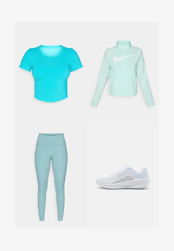 Casaco Nike verde menta com colarinho alto, fecho completo, mangas longas e um proeminente logótipo swoosh branco no peito. Tecido leve.; T-shirt cropped turquesa, feito de um tecido suave e elástico. Apresenta mangas curtas e um decote redondo com detalhes de costura limpa.; Leggings azul claro feitos de material elástico, com uma cintura alta, design sem costuras e mínimos detalhes brancos nas laterais.; Sapatilha atlética branca com parte superior em rede, bico arredondado e sola texturizada. Apresenta o símbolo Nike em prata e um design minimalista.